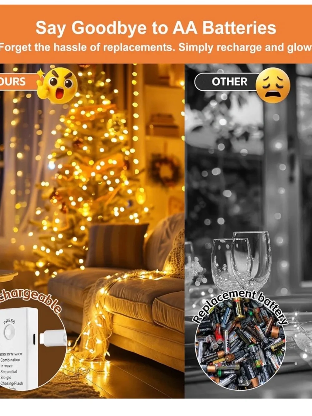 4 Pack Rechargeable Fairy String Lights 50 LED Warm White 8 Modes Timer USB